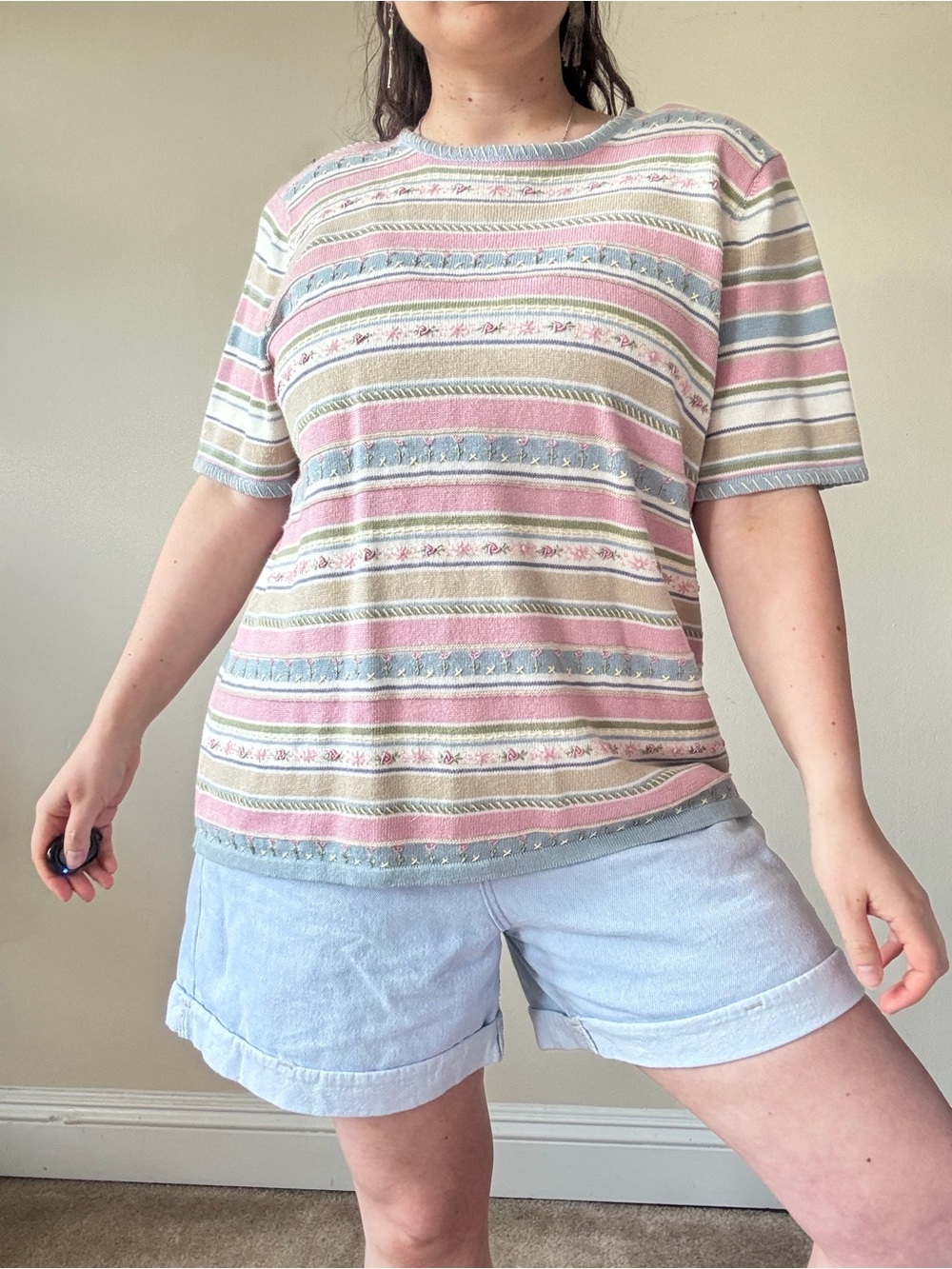 Vintage Alfred Dunner Striped Pastel Short Sleeve Knit Top - Picture 3 of 9